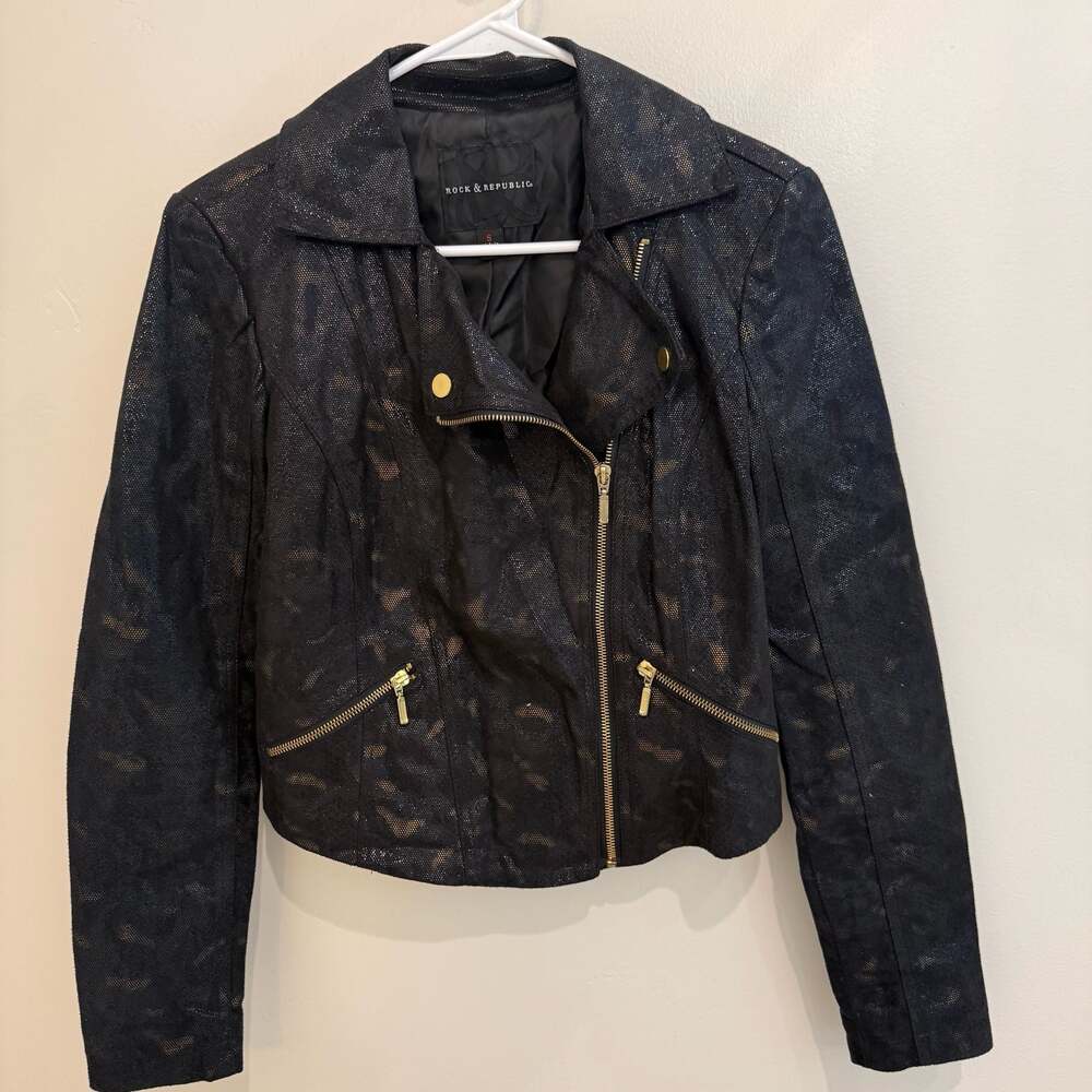 Rock & Republic Metallic Mesh Faux Leather Moto Jacket Size S